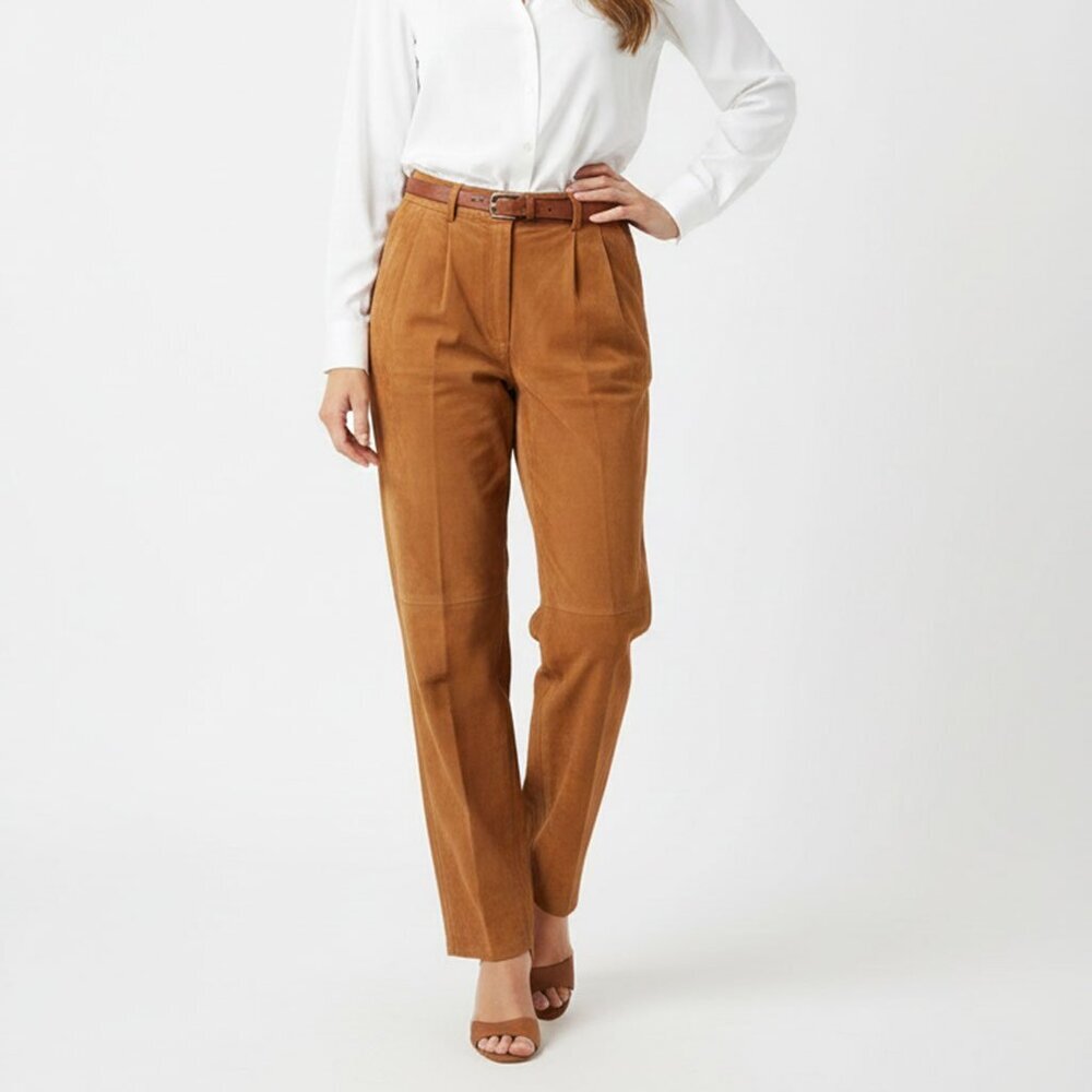 Vintage Bagatelle Tan Suede Pants Straight Leg Trousers Creased Pleated Zip Fly